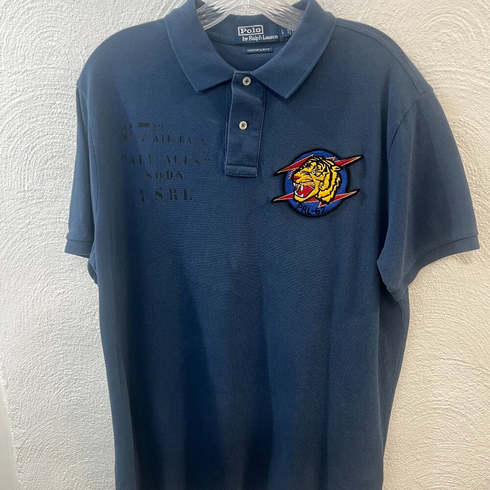 Men's Polo Ralph Lauren Blue Tiger RL-67 Custom Fit Polo Sz. L Custom Slim Fit